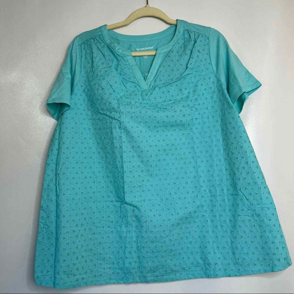 Woman Within Eyelet Top Women 14/16 M Aqua Blue Short Sleeve Split Neck - Picture 1 of 8